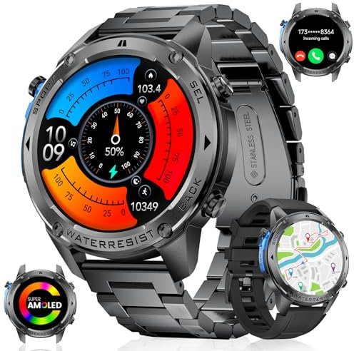 GPS Smartwatch Herren mit Kompass LED-Taschenlampe,1.43 AMOLED Fitnessuhr mit Telefonfunktion für Android iOS,600mAh Batterie,IP68 Wasserdicht Herzfrequenz/Schlafmonitor Militär Männer Smartwatch
