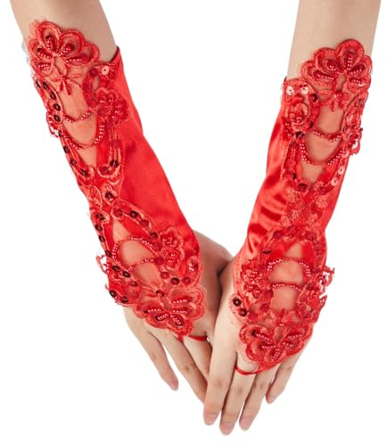 GORGECRAFT 2 Stück Fingerlose Spitzenhandschuhe 28cm Lang Blumenmuster Hochzeit Brautkleid Handschuhe Oper 1920er Party Pailletten Lolita Handschuhe Abschlussball Armstulpen Ärmel Für Frauen Bräute Pa
