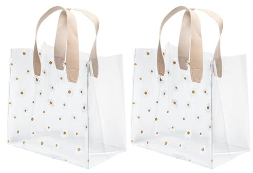 Kaslaider 2 Stück Durchsichtige Geschenktüten mit Griffen, PVC Plastik Partytüten, PVC Geschenktaschen mit Gänseblümchen-Muster für Boutique, Partygeschenke, Hochzeit, Geburtstag