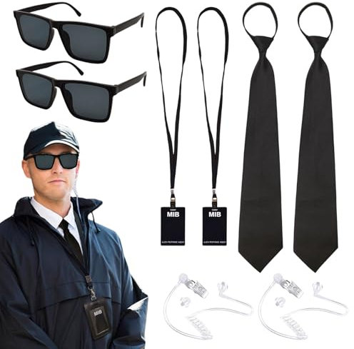 TUONYIS 10 Stücke Agenten Zubehör Set, Geheimdienst Kostüm Set Spion Kostüm Zubehör, mit Sonnenbrille, Krawatte, Kartenhalter, Ohrhörer Schlauch, ID Karte, Wachmann Cosplay Set, für Karneval (Schwarz)