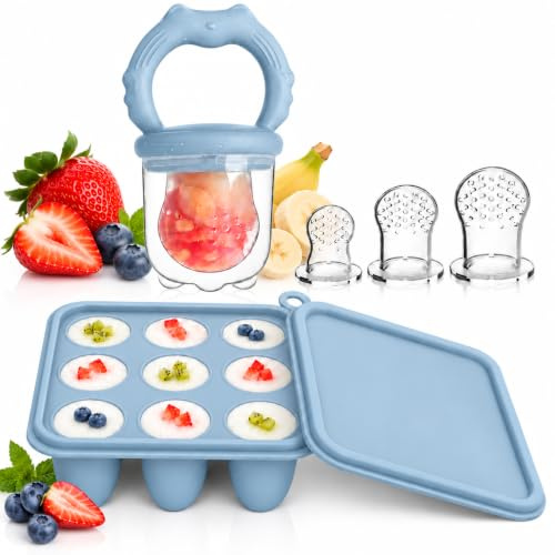 WeSweet Obst-Futterspender – Silikon-Futterspender für Babynahrung, Muttermilch, Eis am Stiel, Gefrierformen für Babys und Kleinkinder, Geschenk für werdende Mütter, Katzenblau