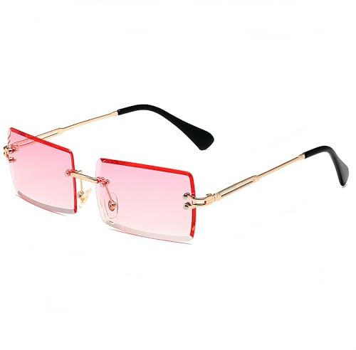 QVKUUT Klassische randlose rechteckige Sonnenbrille für Damen Herren,UV400 Schutz (Gold/Rosa)