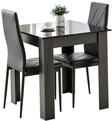Rainbow Tree Modern 3 Piece Dining Room Table and Chairs Set, Wooden Square Table with 2 Chairs for Small Space Apartment Space Saving (Black Table+2 Black Argyle PU Chair)