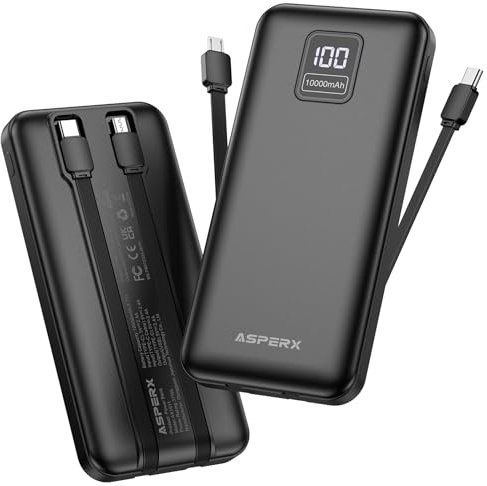 AsperX 2 power bank da 10000 mAh con cavo USB-C, ricarica rapida