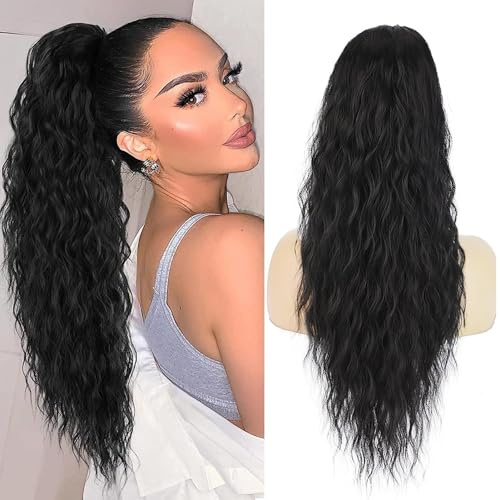 Silk Aura 2-in-1 Pferdeschwanzverlängerung mit Klauen Clip & Kordelzug, Natürlich Lang Water Wave Wellig Ponytail Extension Haarteil (1B# Schwarz)