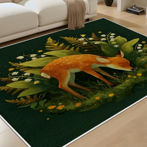 RRUxiia REH Teppich Kinderzimmer 150x180 cm Maiglöckchen Pflanzen Teppich Kurzflor rutschfest Waschbar Dunkelgrün Carpet für Wohnzimmer, Schlafzimmer, Bettvorleger