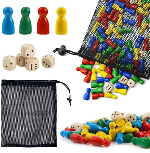 ZXNJA 80 Stück Spielfiguren Für Brettspiele,Spielfiguren Set,SpielfigurenHolz 25 X12mm Und 6 Würfel Aus Holz Mit Säckchen Zur Aufbewahrung,Bunte HalmakegelHolz,Für Flugschach,Dame, Brettspiele