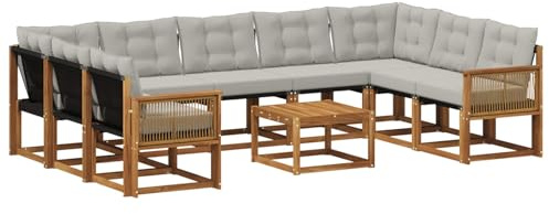 vidaXL Outdoor-Sofagarnitur mit Kissen 10 pcs Natürlich und Hellgrau, Moderne Gartenmöbel, Akazienholz-Sofa, Textilene-Rücken, strapazierfähige Sitzmöbel, Bequeme Liegeplätze