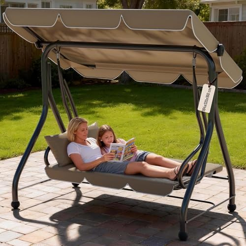 Soontrans Hollywoodschaukel mit Liegefunktion 3-Sitzer zum Entspannen für Terrasse Garten, 184 x 120 x 160 cm, 2-in-1 Gartenschaukel und Gartenliege mit Polsterauflage & Sonnendach & Sitzkissen (Braun