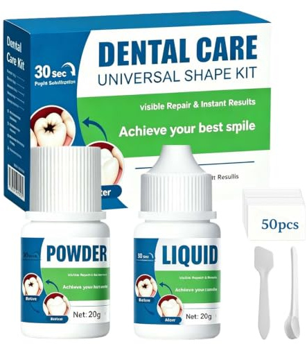 1 Set Zahnzement, Zahnreparaturset, Zahnkleber Schnell Härtend, Hohe Klebekraft, für Provisorische Füllungen, Kronen und Brücken, für Zuhause & Unterwegs (20g Pulver, 15ml Flüssigkeit und Werkzeuge)