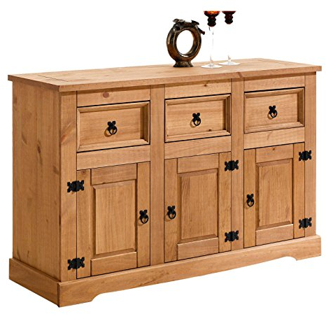 IDIMEX Sideboard Tequila Kommode im Mexiko Stil 3 Türen 3 Schubladen Kiefer massiv gebeizt gewachst, Buffetschrank Geschirrschrank
