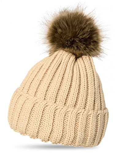 Caspar MU054 Damen Winter Strickmütze mit großem Fellbommel, Farbe:aprikot