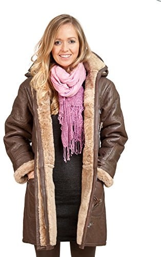 Frauen Braun Lange Winterlich Mit Kapuze Shearling Schaffell Leder Duffle Mantel M