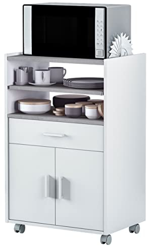 Habitdesign Mobile ausiliario da cucina con ruote, mobile a microonde, armadio con 1 cassetto e 2 porte, finitura bianca Artik e cemento, dimensioni: 59 cm (altezza) x 92 cm (fondo) x 40 cm (fondo)