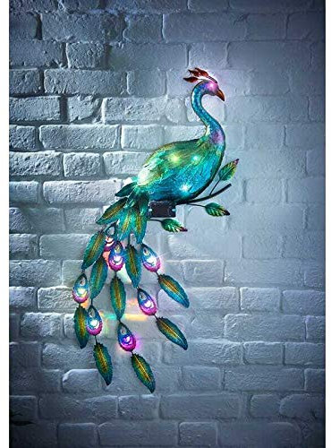 12Multi Coloured LED Light Solar Powered Gems Peacock Wall Art Garden Decoration-G-0254