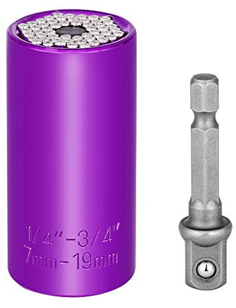 Yohii Universal Socket Set, Professional 7mm-19mm / 1/4-3/4 Grip Socket Set Ratchet Wrench Power Drill Adapter, Purple