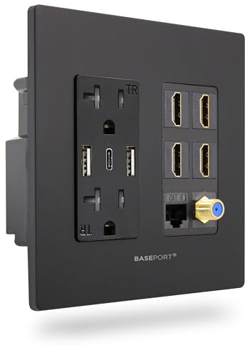 Premium Media Wall Outlet | Dual 6.3A USB-A 2.0 Ports - 1 USB-C 3.0 Port - 4 HDMI Wall Outlet - Cat6 Rj45 Ethernet Port - 15A Dual Power Outlet - Coax Cable Wall Plate - Black Face Plate