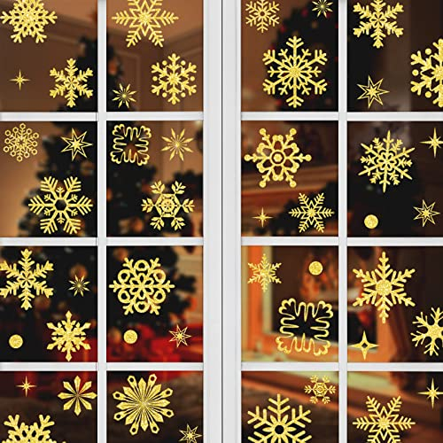 Ponsey Décoration Fenêtre 93 Stickers Noël Paillettes Dorées Flocon de Neige Réutilisable Autocollant Amovibles pour Vitrine et Décorations (9 Feuilles)