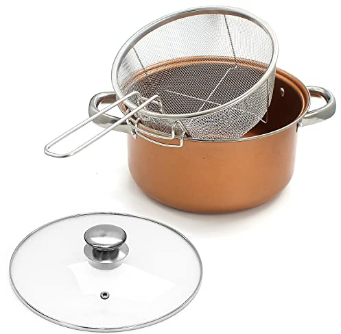 Vision4ever 4 in 1 Fryer Stove Top Chip Pan Deep Fat Stew Frying Basket Glass Lid Bake