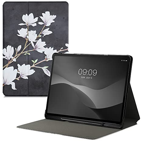 kwmobile Custodia Compatibile con Samsung Galaxy Tab S7 Plus/Tab S7 Fe - Custodia Cover Tablet con Supporto - Copertina in Pelle PU Smart Case con Stand - Magnolie Marrone Grigio/Bianco/Grigio Scuro