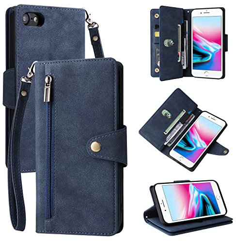 QLTYPRI Case for iPhone 7 iPhone 8/SE 2022/2020 5G, Premium PU Leather Cell Phone Case with 9 Card Slots and Metal Snap Buttons, Zipper Wallet Protective Cover for iPhone 7/8/SE/2022/2020 - Blue