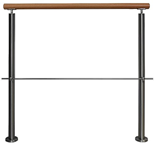 TIBU Edelstahlgeländer für Innentreppe mit Buchenholz-Handlauf, V2A Aufmontage mit 1 Querstrebe und 2 Pfosten, 1,6 m