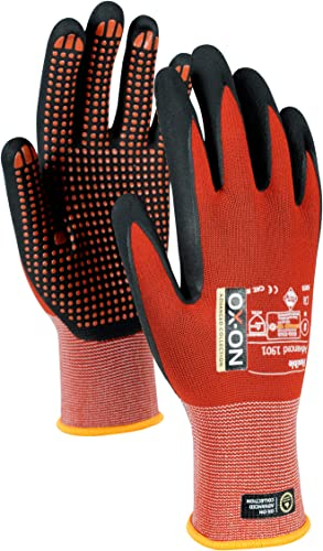 OX-ON Flexible Advanced 1901 Red Work Gloves, Extremely Durable Safety Gloves, Secure Precise Grip, Protective & Comfortable Nitrile Gloves, Dotted Palm For Extra Grip, Sanitised - 12pairs,Size 11/XXL