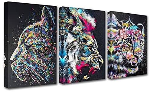 Leinwandbild, Motiv: heulender Wolf, abstraktes Graffiti, Banksy, Straßenkunst, Tier, schwarze Katze, Kunstwerk, Wildtier, Tigar, Raumdekoration, gerahmt, fertig zum Aufhängen, Poster und Drucke