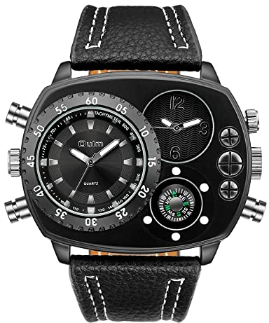 Avaner Herrenuhr mit ovalem Zifferblatt und doppelter Zeitzonenfunktion Armbanduhr Herren Gürtel Uhr mit PU Armband Multifunktionale Herren Uhr Deko-Kompass für Männer Alltag Business