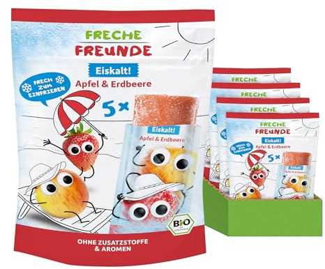 FRECHE FREUNDE Eiskalt! Apfel & Erdbeere, Stangen Eis zum Einfrieren, Fruchtgehalt 80%, ohne Zusatzstoffe & Aromen, glutenfrei & vegan, 7er-Pack, 7 x (5x50g)