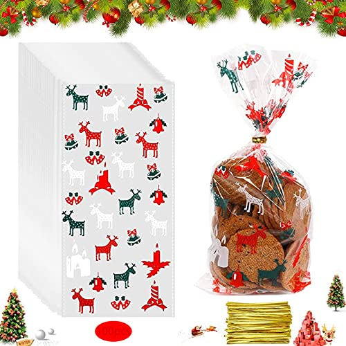 100 Stück Cellophantüten Weihnachten, Plätzchentüten Transparent, White Schneeflocke Kekstüten, Gebäcktüten mit Metallischen Bindebaender für Bonbon Plätzchen Weihnachtsfeier-Taschen, Geschenktüten