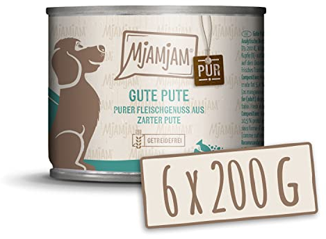 MjAMjAM - Premium Nassfutter für Hunde - purer Fleischgenuss - gute Pute pur 200g, 6er Pack (6 x 200g), naturbelassen mit extra viel Fleisch