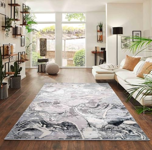 Emperor Metallic Abstract Modern Living Room Area Rug, Silver, 200x290cm