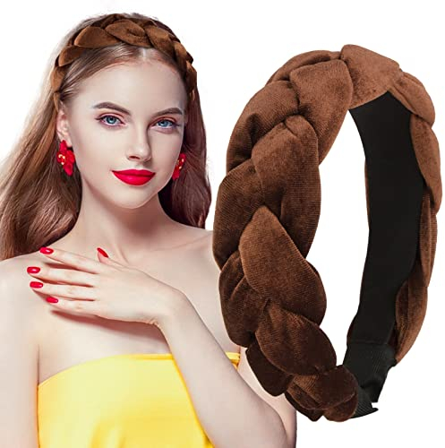 BETESSIN Samt Haarreif Dirndl Geflochten Stirnband Breit Haarband Vintage Gepolsterte Haarreifen Trachten Haarschmuck Rockabilly Kopfband für Damen und Mädchen Braun