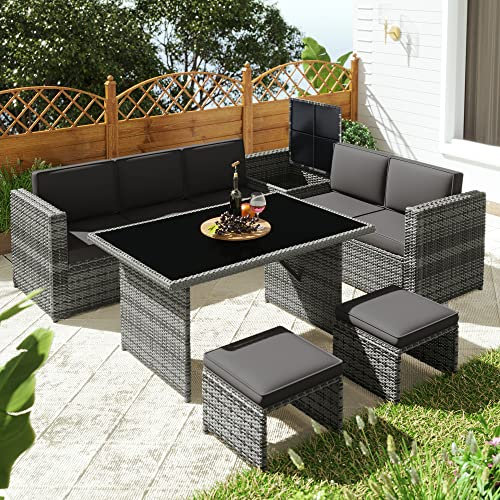 Merax 7-Seater PE Rattan Garden Corner Sofa Set with Glass Topped Dining Table, Side Storage, and Cushions - Ideal for Outdoor Patio and Entertainment-Grey