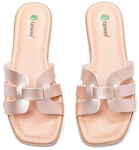 Ataiwee Sandalias planas para mujer - Zapatos casuales de verano para caminar para mujer.(2307018,GD/MF,38.5)