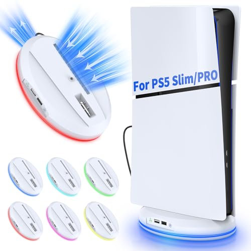 FASTSNAIL Vertical Stand with Cooling Fan for PS5 Slim/PS5 Pro Console, RGB Base Station with 9 Light Modes & 2 USB Ports, Quiet Cooling System Accessories for Playstation 5 Slim Digital/Disc Edition
