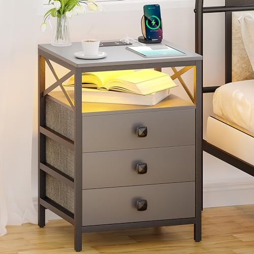 Lvifur Nachttisch LED mit Ladestation&Licht,Smart Beistelltisch mit USB-Anschlüsse,Couchtisch mit Schubladen für Wohnzimmer,Schlafzimmer(40×43×60 cm)