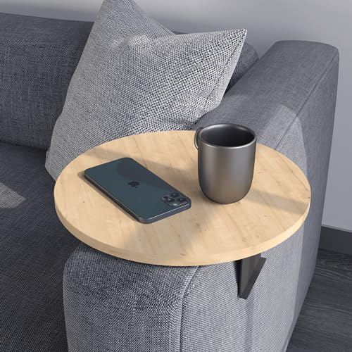 Couch-Tablett Armlehne, Einstellbarer Sofa-Tablett, Getränkehalter, spezielles Design praktischer Metallhalterung, Sitzgarnitur Ablage, Durchmesser ⌀ 35 cm (Eiche)