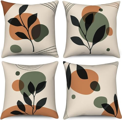 ASDCXZ Boho Kissenbezug 40x40 cm 4er Set, Modern Abstrakt Kunst Schwarz Blätter Grün Sonne Beige Sofa Outdoor Dekokissen Kissenbezüge Waschbar Kissenhülle Polyester Flachs Textil Kopfkissenbezug