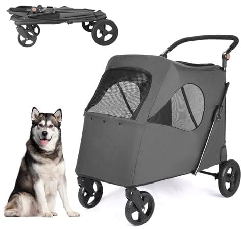 AESRAOU Großer Hunde-Reisewagen mit 4 robusten Rädern, Haustier-Kinderwagen mit verstellbarem Griff, doppelte Kapazität für Hunde, Joggerwagen mit Hintertür vorne für kleine, mittelgroße (Dunkelgrau)