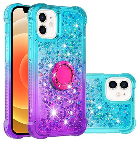 IMEIKONST Compatible with iPhone 12 Mini Glitter Case with Metal Ring Kickstand, Liquid Sparkle Gradient Transparent Silicone TPU Bumper Shockproof Cover for iPhone 12 Mini. Blue Purple JBZ