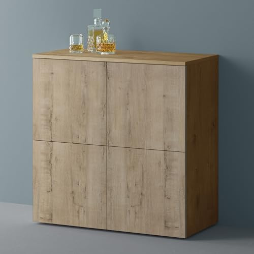 Mai & Mai Mobile Contenitore 76x36.4x74cm, Marrone chiaro+Rovere chiaro | Mobiletto Multiuso con 4 ante e 4 vani per Soggiorno, Sala da Pranzo, Camera da Letto Schrank04