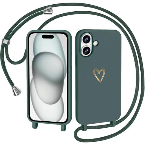 CaseLover Handyband kompatibel mit iPhone 16 Hülle mit Band, Grün | Herz Muster, Silikon Necklace Handyhülle mit Abnehmbar Kordel zum Umhängen, Stossfest Bumper Handy Schutzhülle Case 6.1