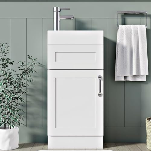 BELOFAY White 400mm Floor Standing Bathroom Vanity Unit With Basin - Lacquered Cloakroom Vanity Unit with 1 Tap Hole and Soft Close Hinges with WASTE (Crawley White.)