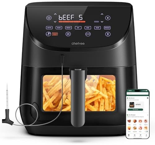 Chefree Friggitrice ad Aria 6,5 Litri, 1700W Air Fryer Funzioni 8 in 1 Senza Olio e Grassi, Probe Temperature Control Finestra Visibile, 30-230°C, Ricette APP, LED Display, Cestello Antiaderente AF500