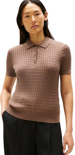 Tommy Hilfiger Damen Poloshirt Kurzarm Cable Sweater mit Knopfleiste, Braun (Hot Coco), XL