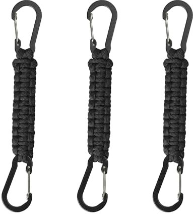 Paracord Keychain with Carabiner Clips 3 Pack, Paracord Keyring Clip with D Ring Hanger for Camping, Hiking, Fishing, Or as A Key Organiser for Men (Black)