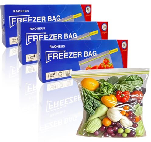 RAONEUS 90Pcs Freezer Bags-Small Food Storage Bags Reusable with Expandable Bottom Airtight and Leakproof Double Zip Seal BPA Free Reusable for Food Storage Snacks,Fruitt (S)