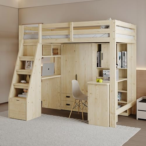 Lubvtti Letto a soppalco 90x200 cm, piano di lavoro con ripiani, scala con contenitore e cassetti, letto singolo in legno massiccio, colore naturale (materasso non incluso)